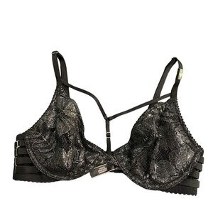 NWOT Victoria’s Secret Black Silver Lace Very Sexy Unlined Plunge Bra Size 32C
